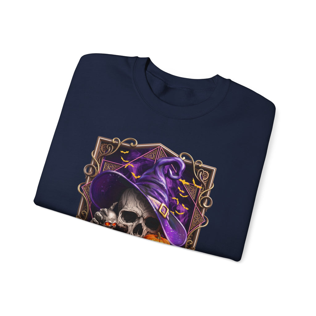 Navy crewneck sweatshirt folded to show the skull in a slouchy purple witch hat peers out print