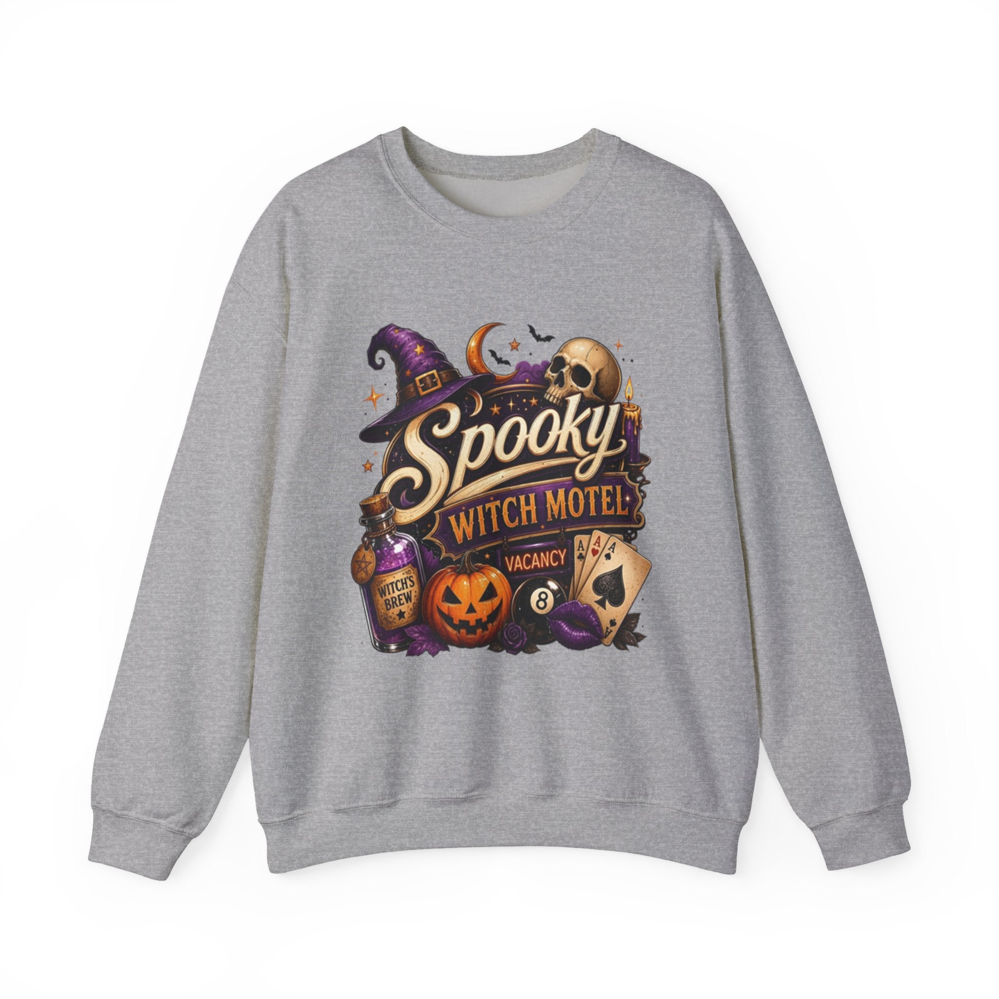 Sport Grey crewneck sweatshirt laid flat, printed with a neon vintage motel sign reading spooky witch motel