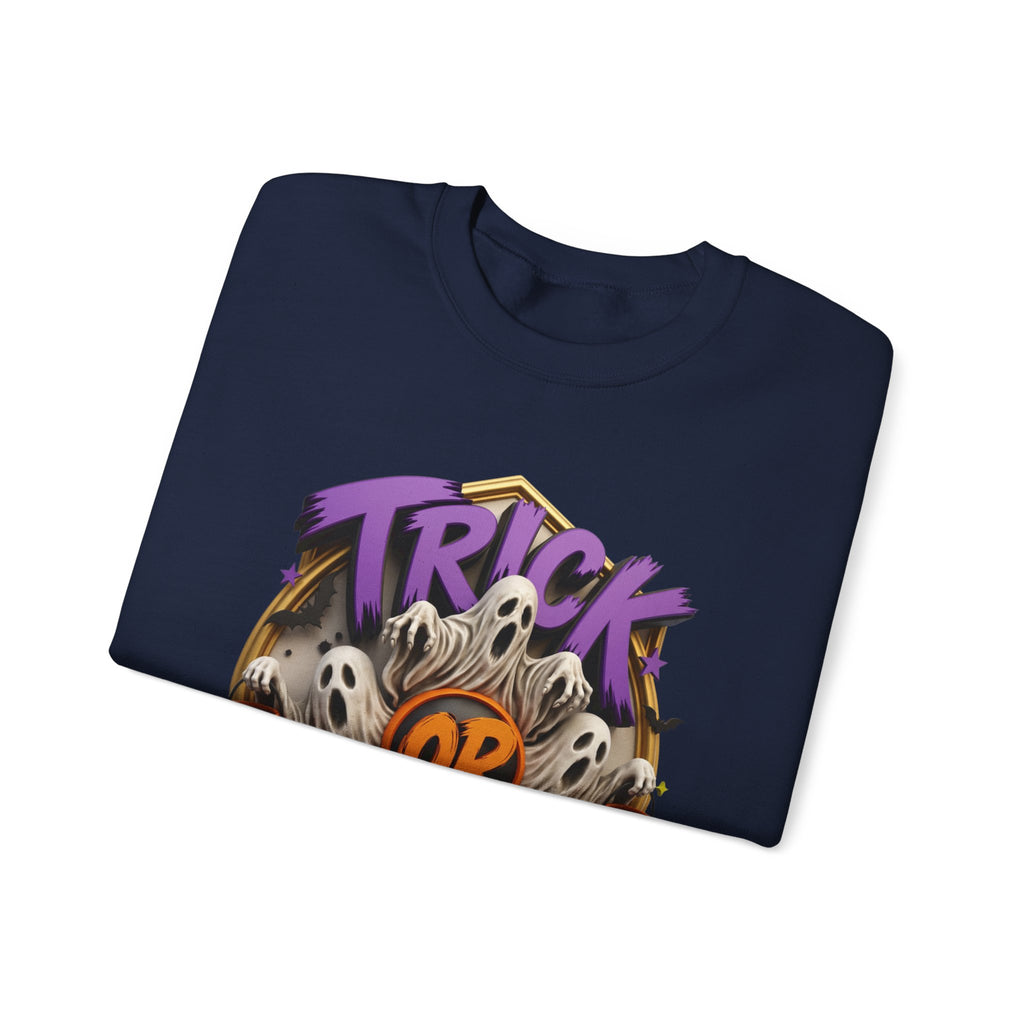 Navy crewneck sweatshirt folded to show the huddle of wide-mouthed ghosts rises between two carved pumpkins print
