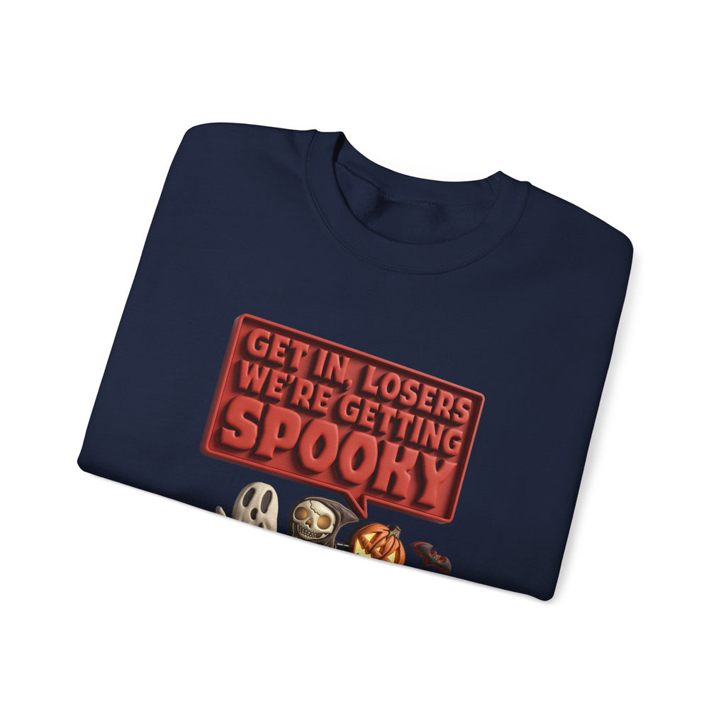 Navy crewneck sweatshirt folded to show the ghost print