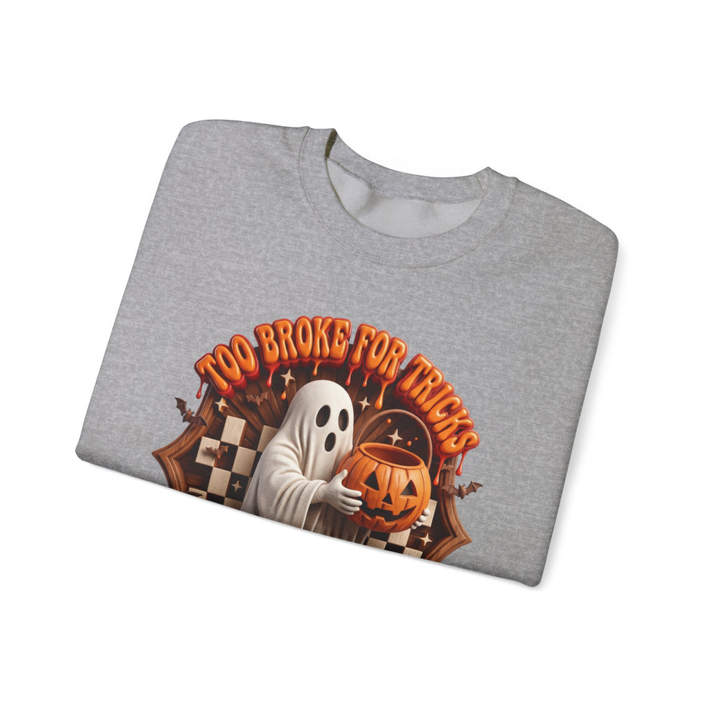 Sport Grey crewneck sweatshirt folded to show the sheet ghost hugs a jack-o-lantern candy pail print