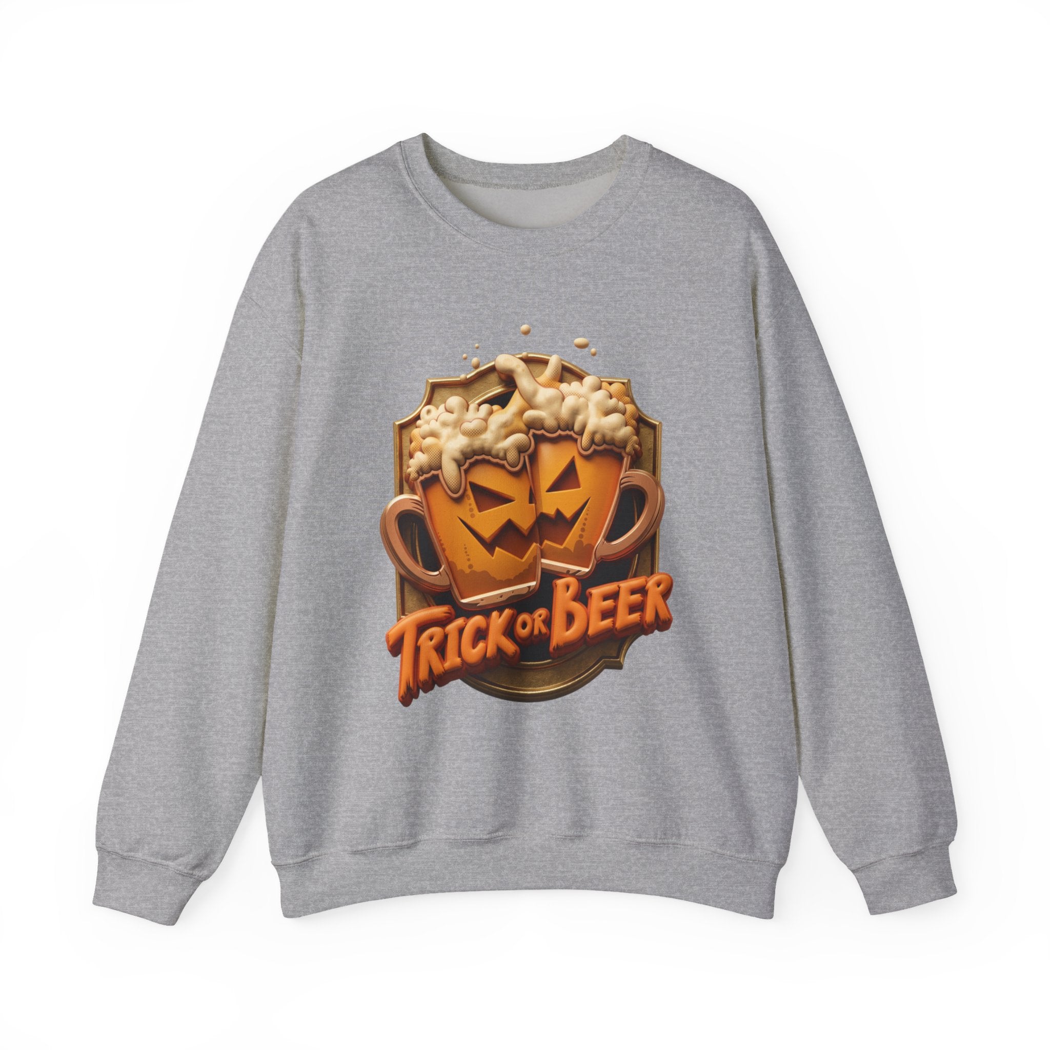 Sport Grey crewneck sweatshirt laid flat, printed with a two frothy beer mugs carved with jack-o-lantern faces clink