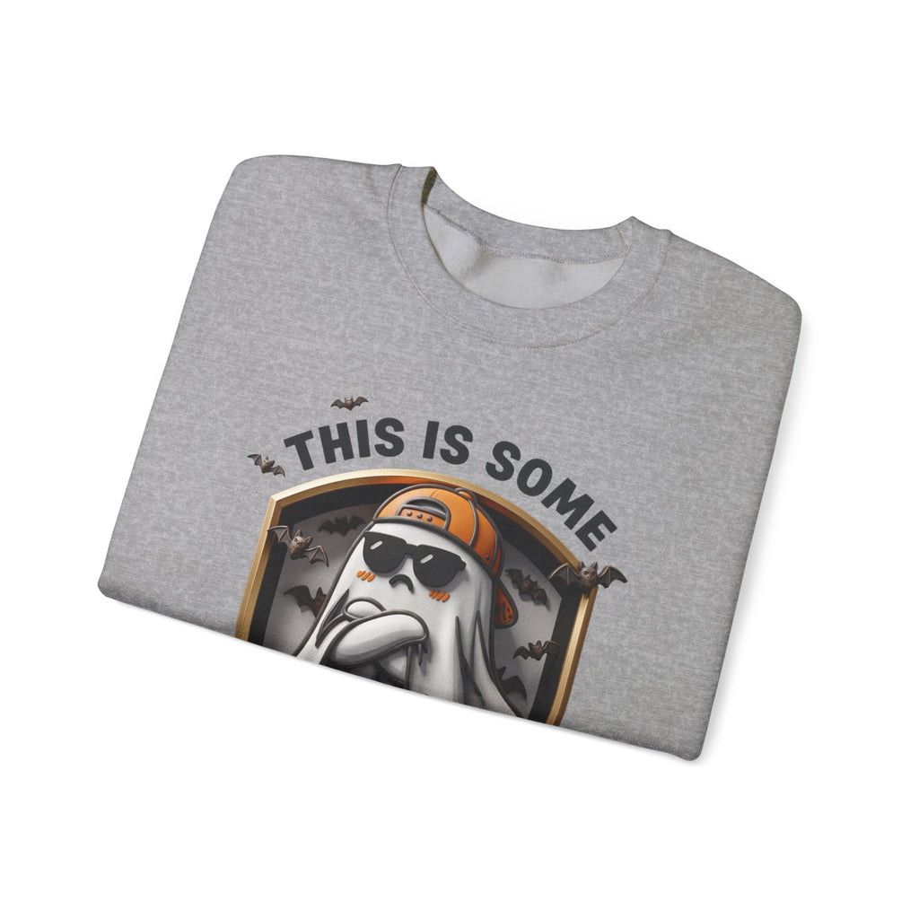 Sport Grey crewneck sweatshirt folded to show the sheet ghost in black sunglasses and a backward orange print