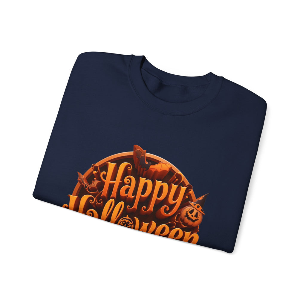 Navy crewneck sweatshirt folded to show the glowing orange happy halloween script fills a round badge print