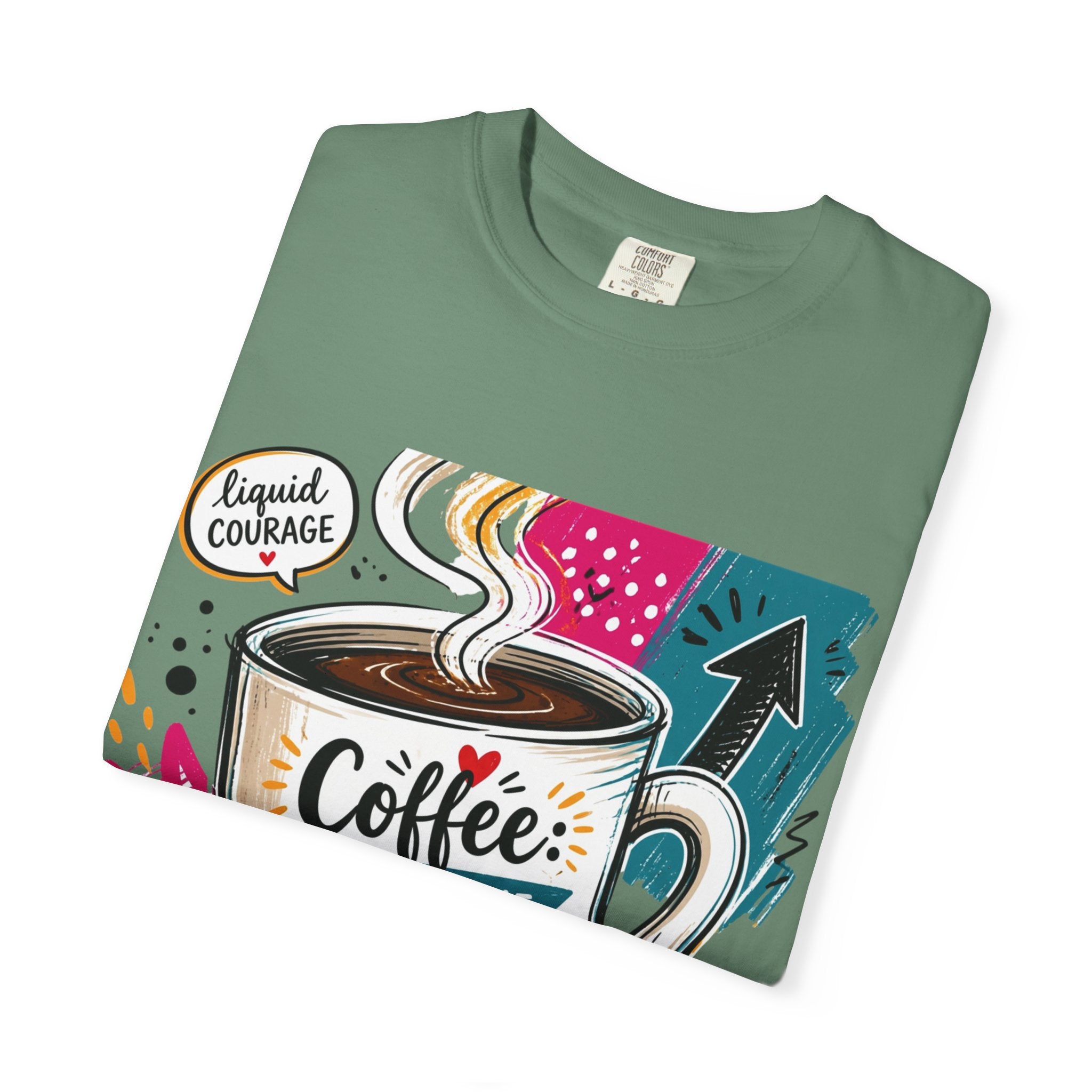 Light Green t-shirt folded to show the tall striped mug set into a busy retro collage print