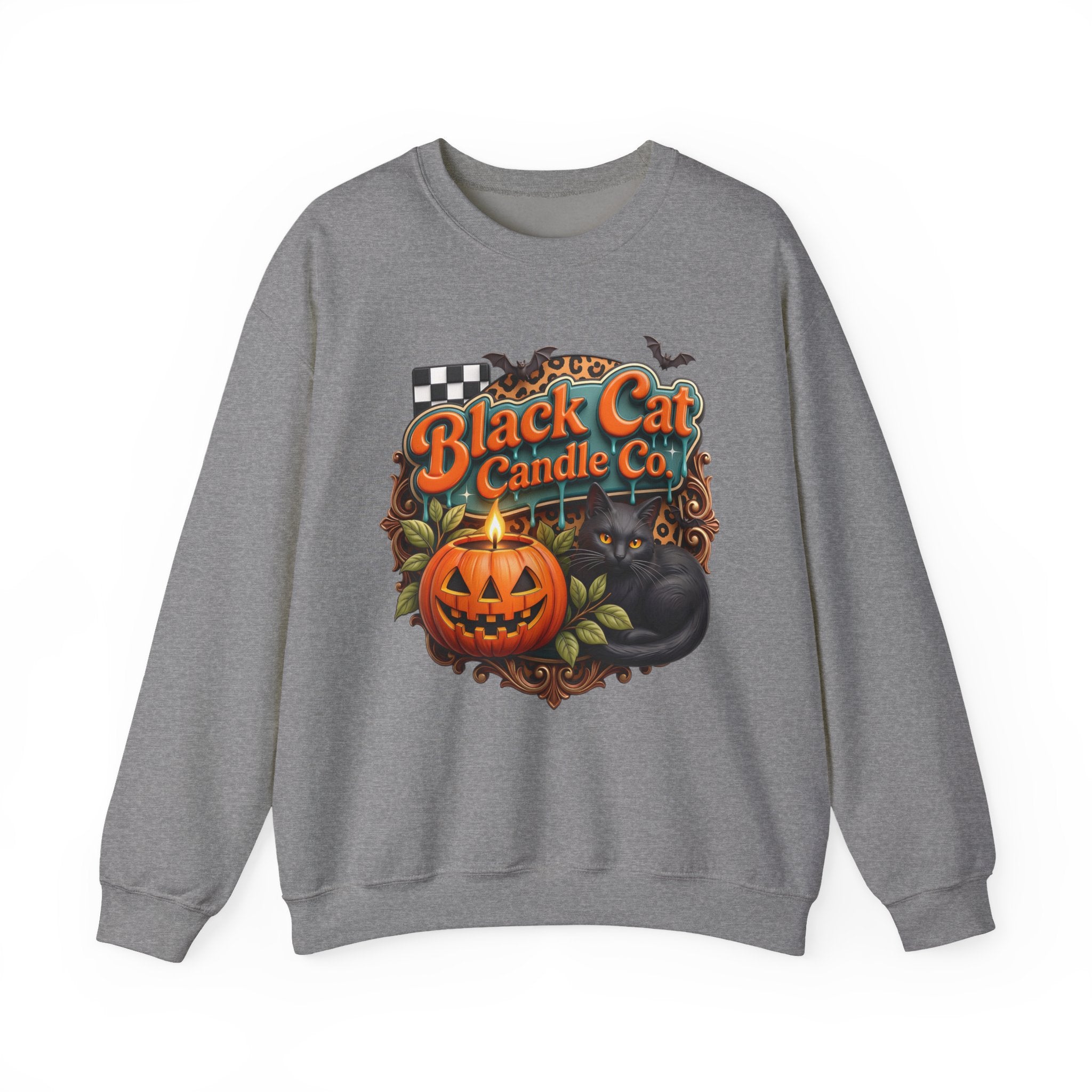 Graphite Heather crewneck sweatshirt laid flat, printed with a retro teal signboard reads black cat candle co