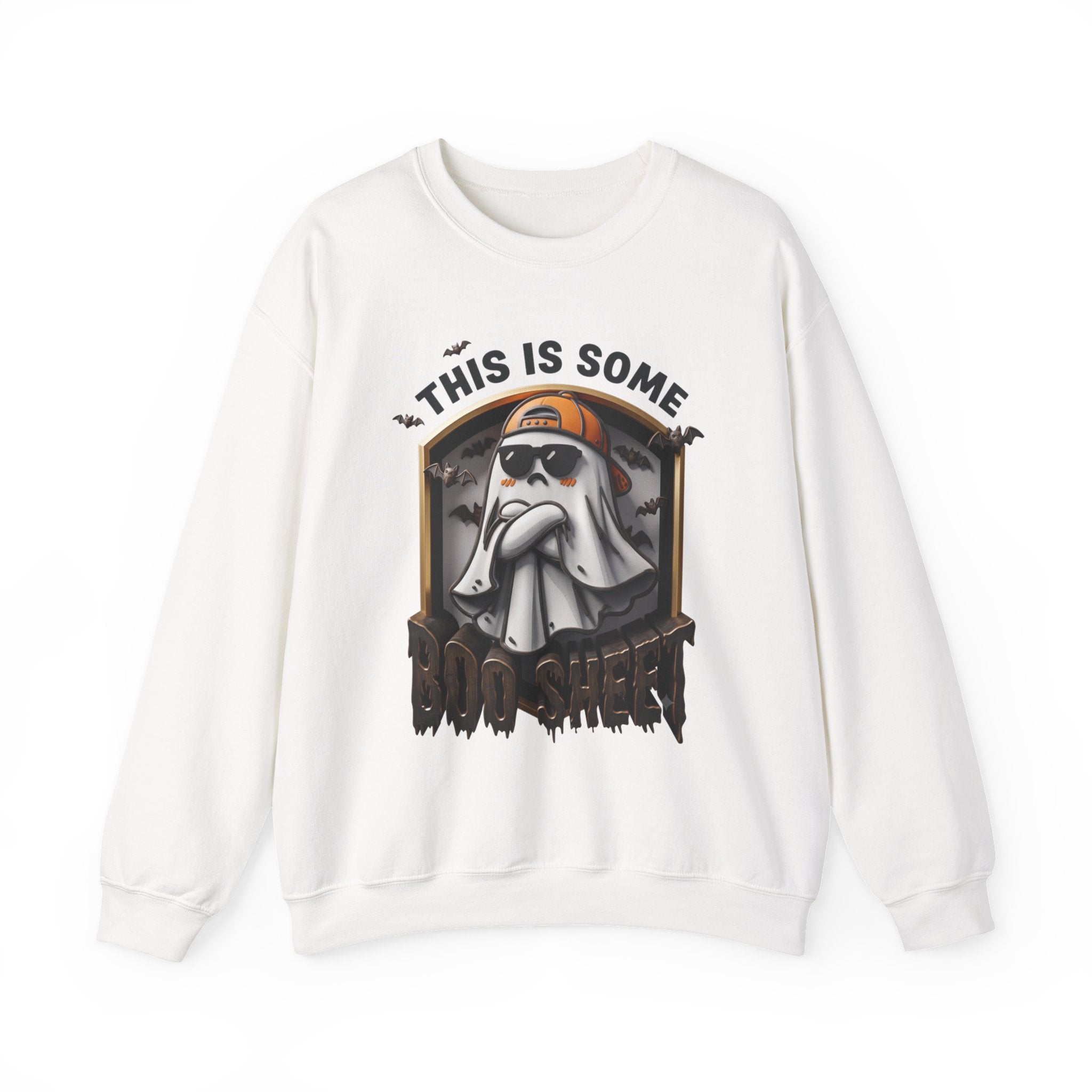 White crewneck sweatshirt laid flat, printed with a sheet ghost in black sunglasses and a backward orange