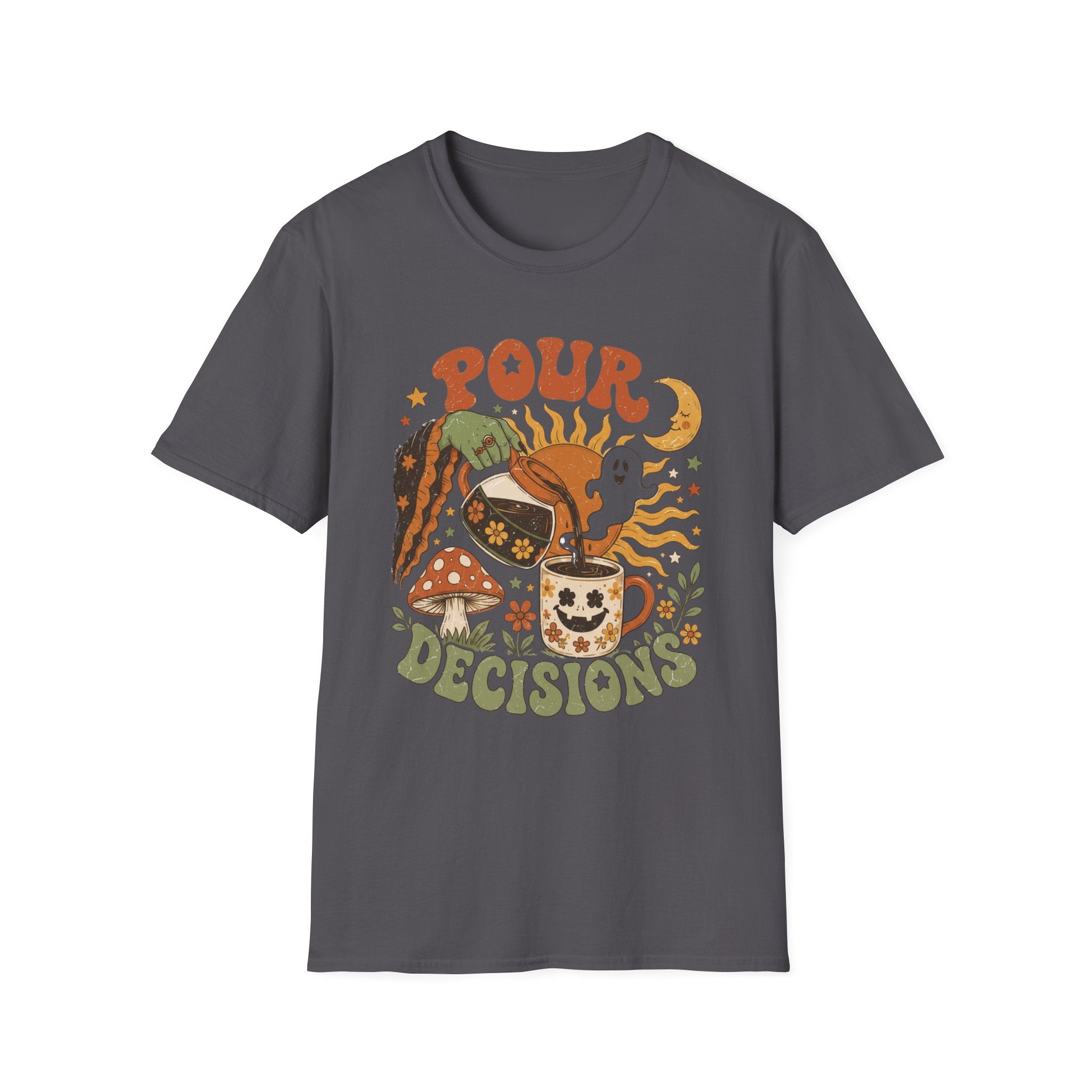 Charcoal t-shirt laid flat, printed with a green witch hand tipping a flower-patterned coffee pot into