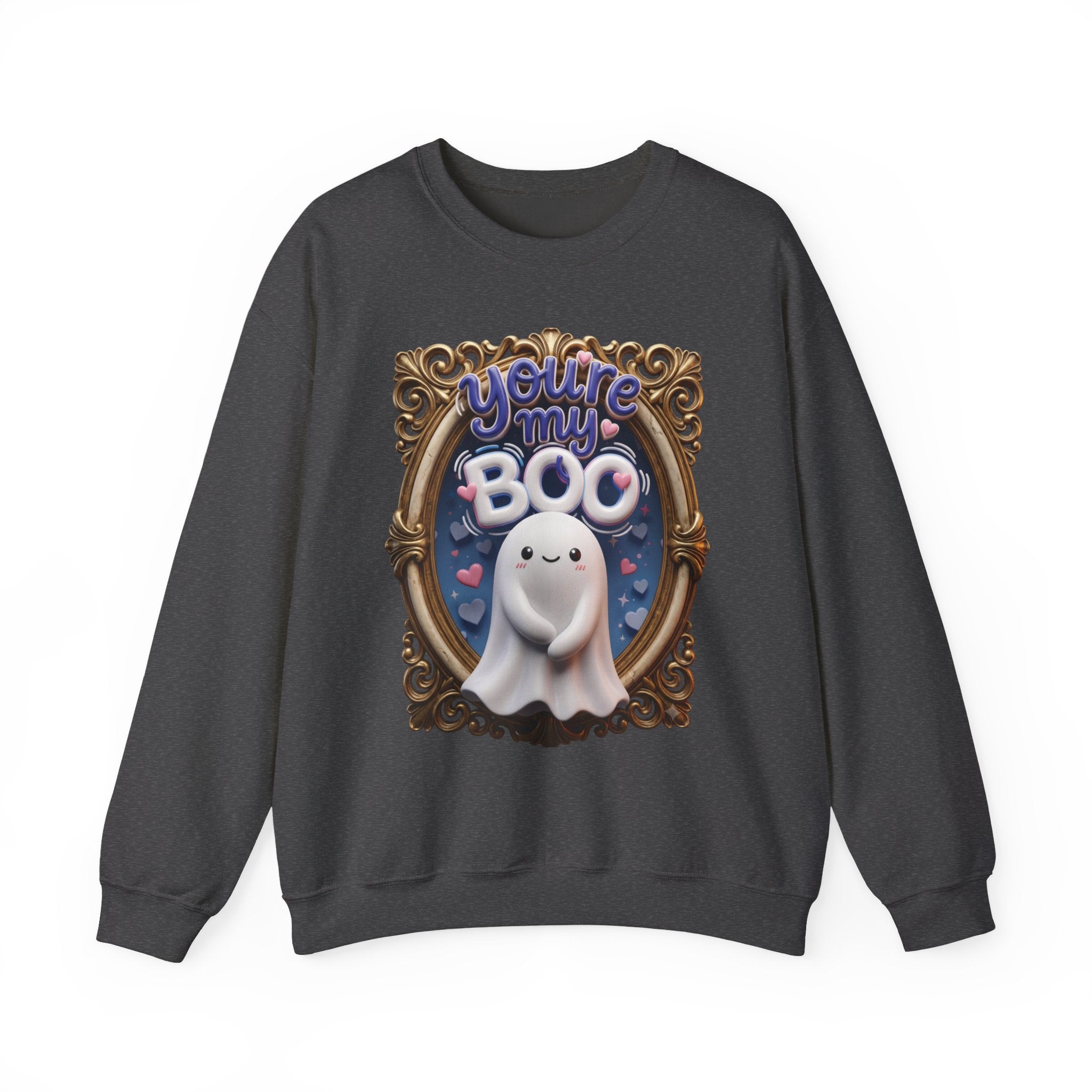 Dark Heather crewneck sweatshirt laid flat, printed with a round smiling ghost floats inside a gilded vintage frame