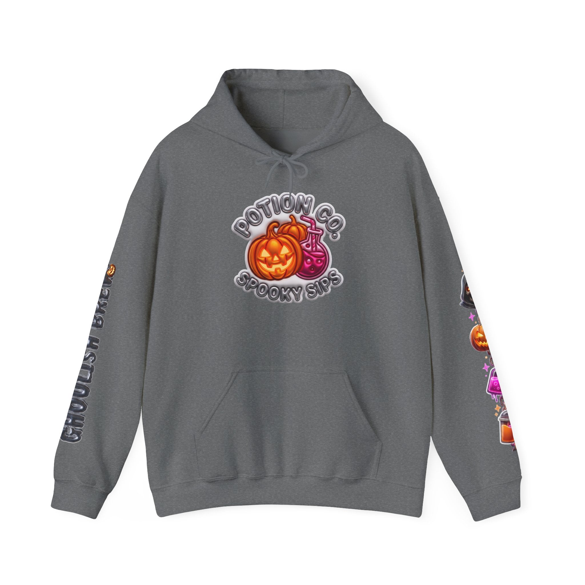 Graphite Heather hoodie laid flat, printed with a potion co. halloween graphic of jack-o-lanterns and potion bottles