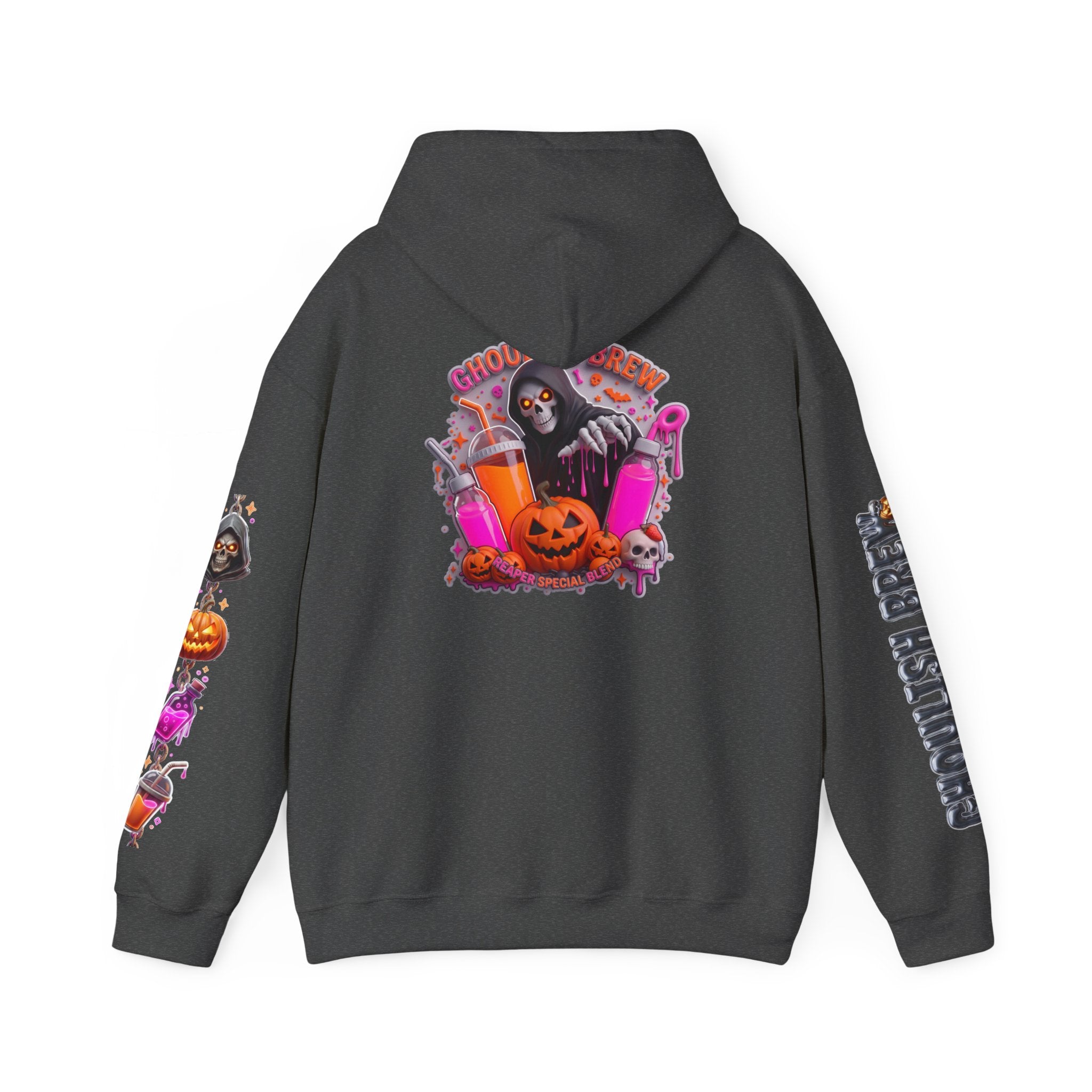 Dark Heather hoodie, plain back — Potion Co jack-o-lanterns and potion bottles on the front