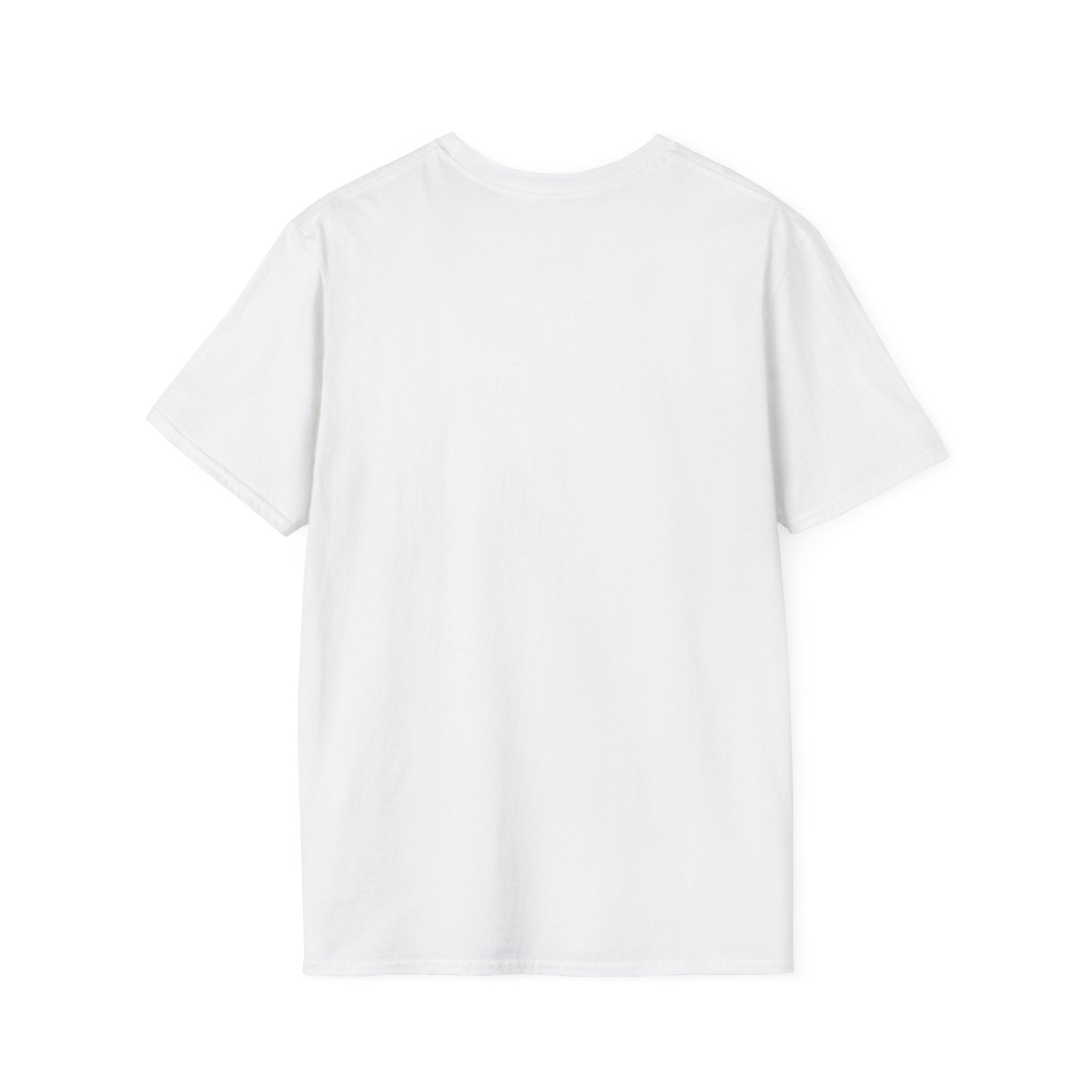 White t-shirt, plain back — graffiti lettering in electric pinks on the front