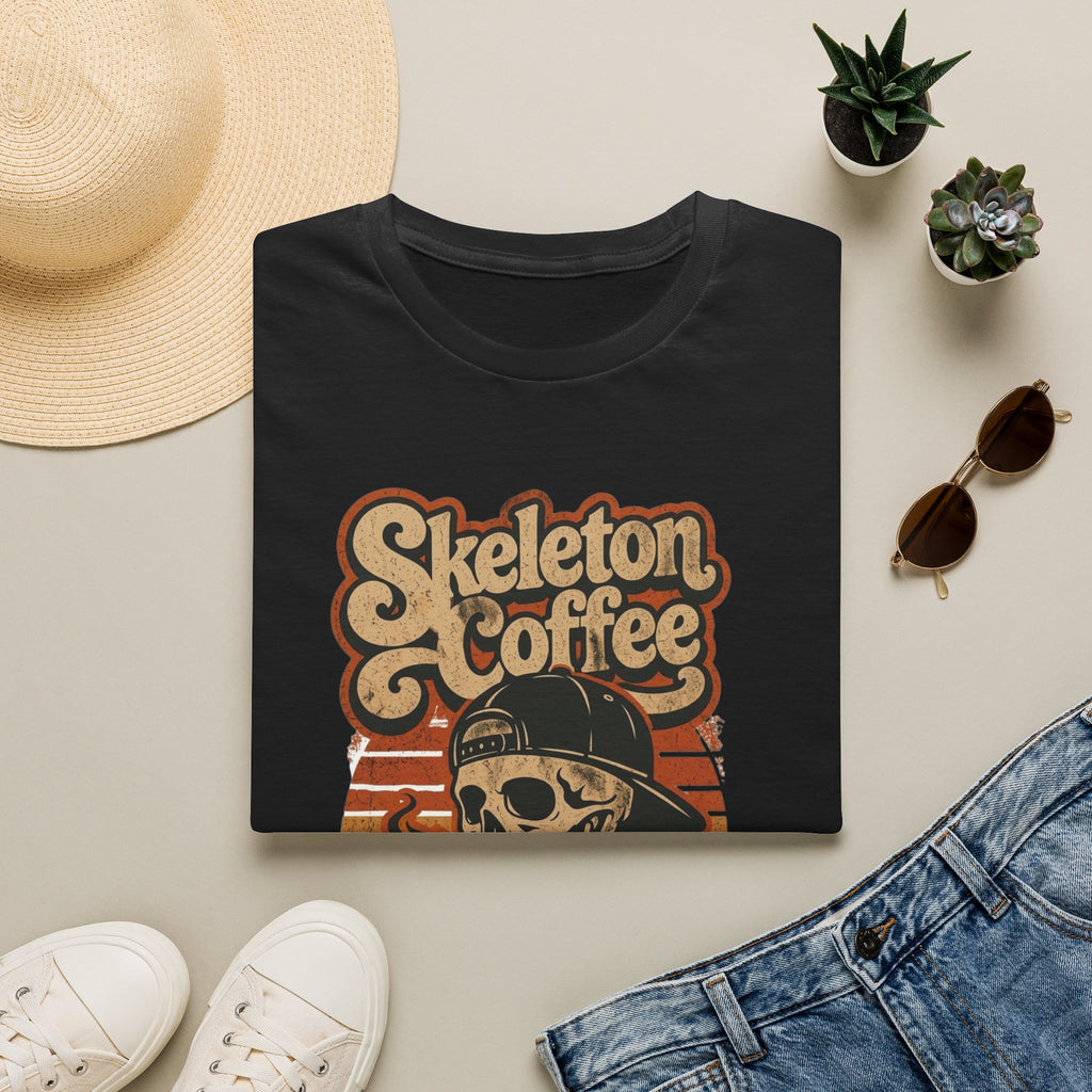 Black t-shirt styled flat with a candle — skeleton in a sweater holding coffee
