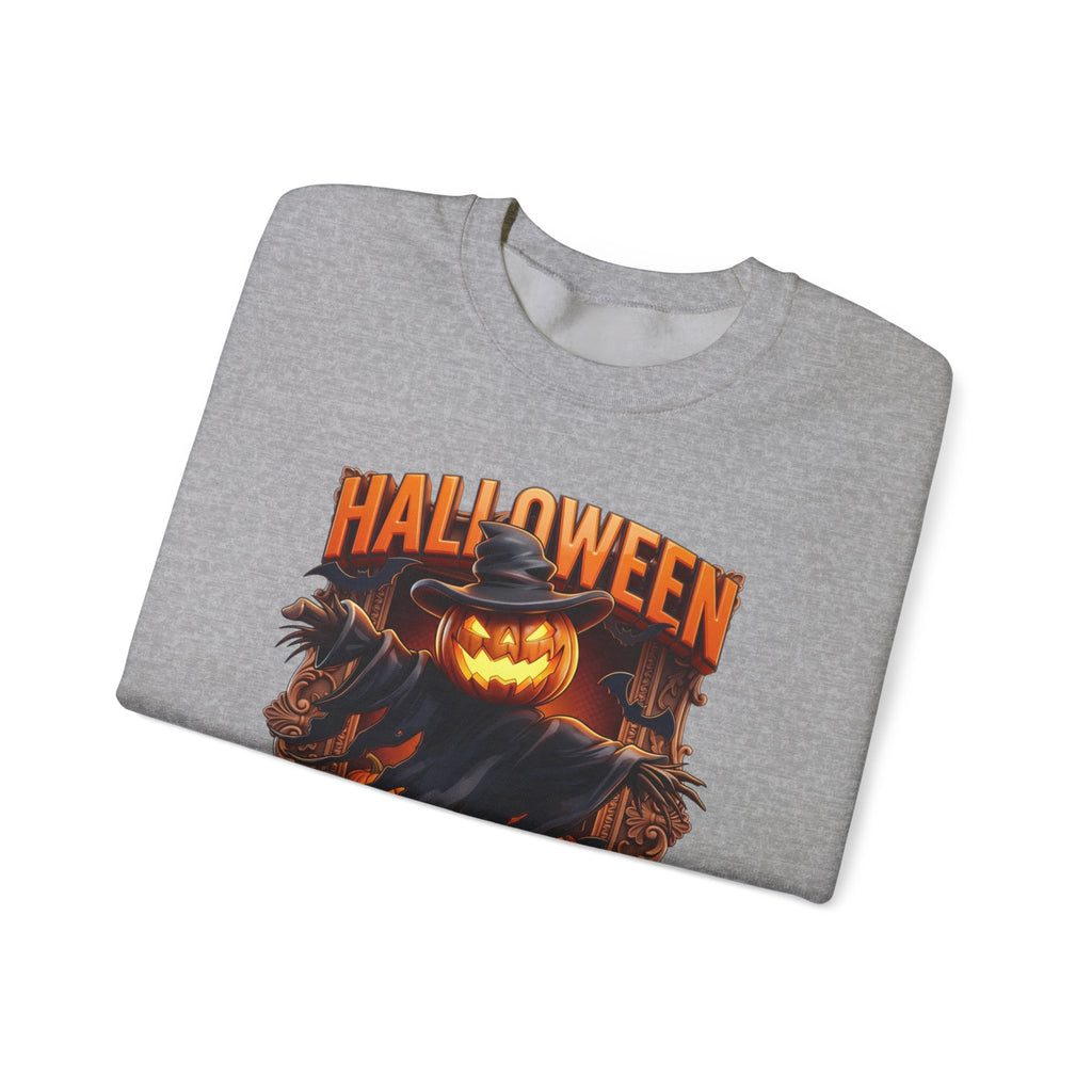 Sport Grey crewneck sweatshirt folded to show the scarecrow with a glowing jack-o-lantern head stands print
