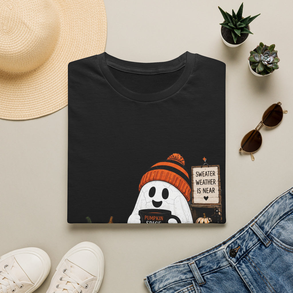 Black t-shirt styled flat with a candle — small ghost in a knitted beanie