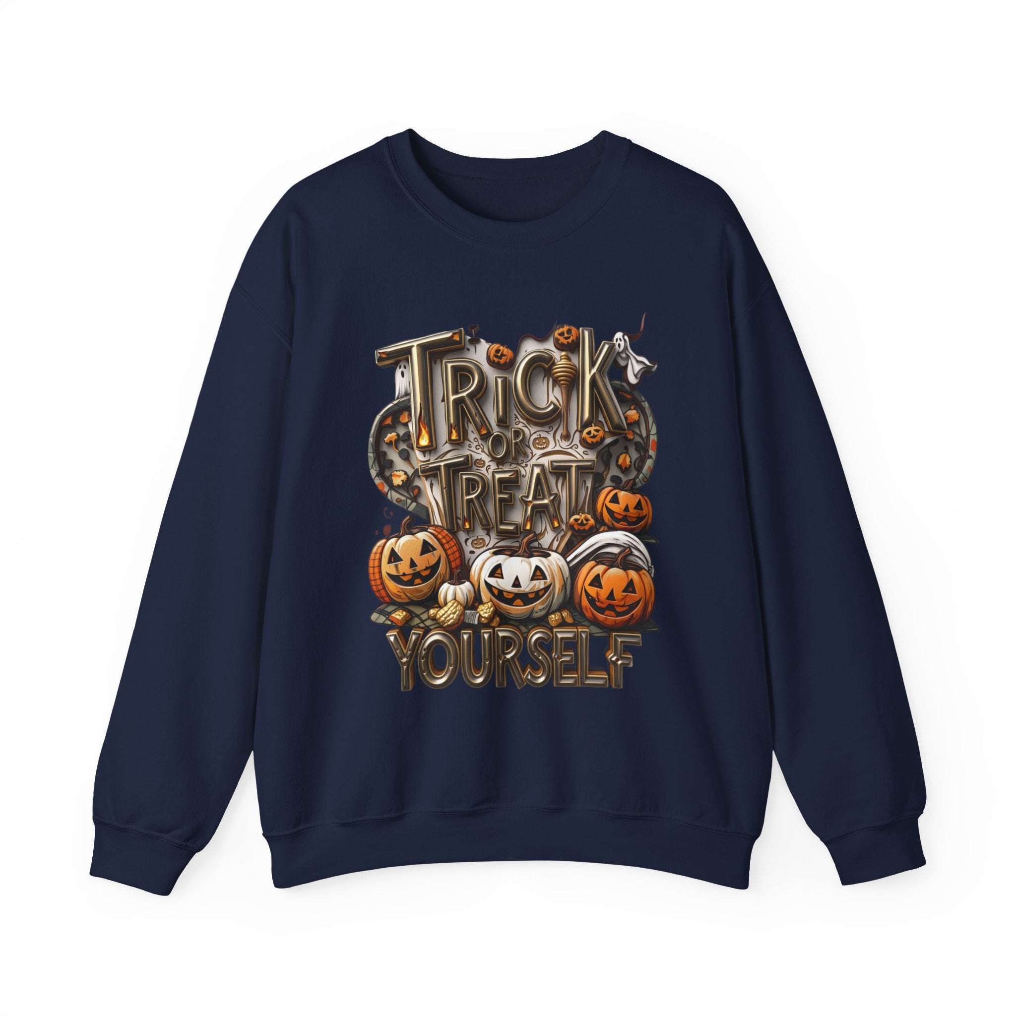 Navy crewneck sweatshirt laid flat, printed with a carved metallic lettering reading trick or treat yourself sits