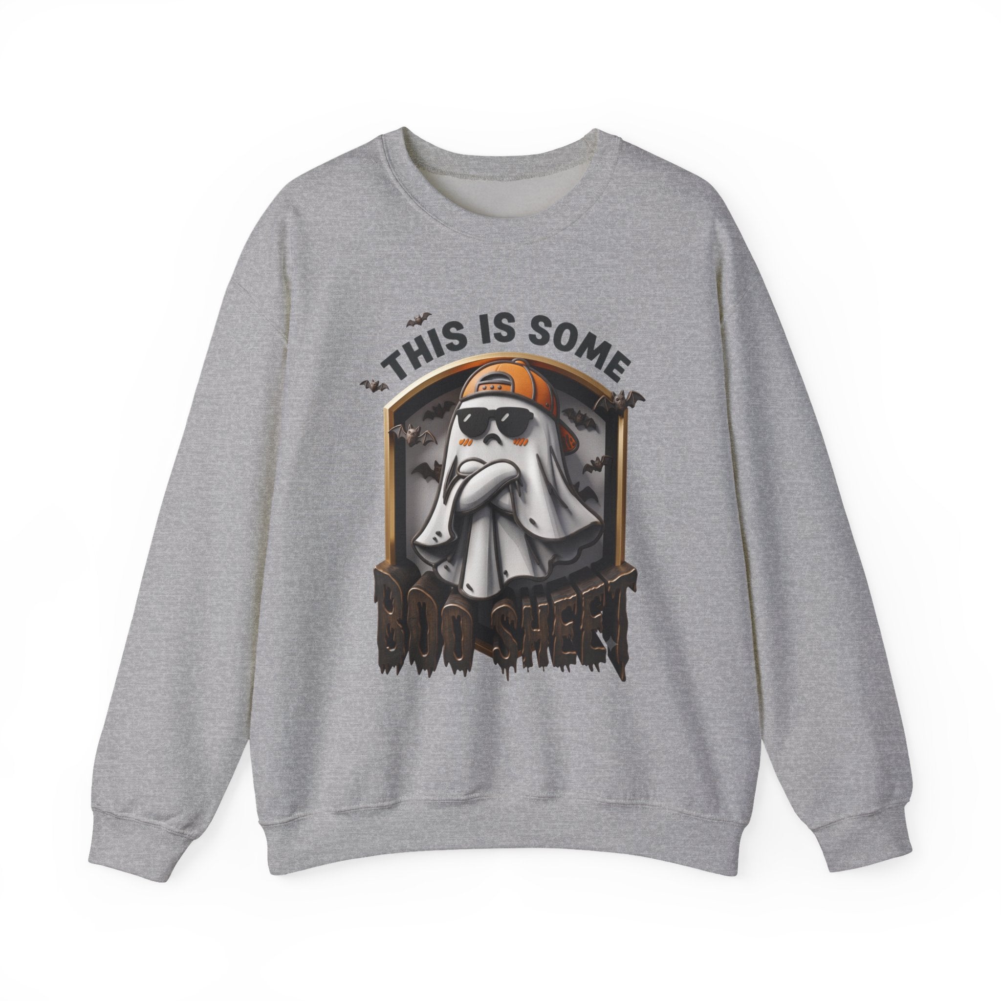 Sport Grey crewneck sweatshirt laid flat, printed with a sheet ghost in black sunglasses and a backward orange