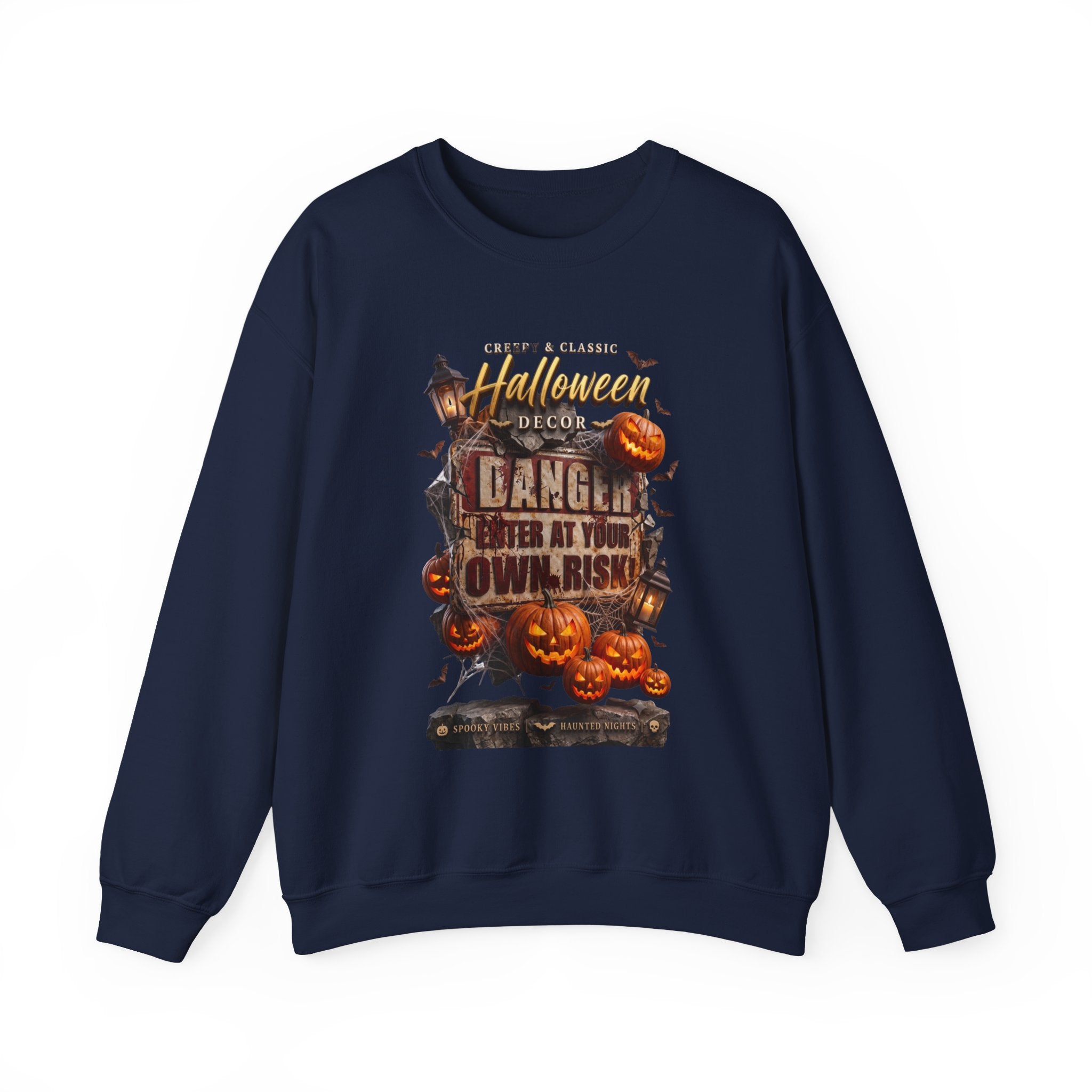 Navy crewneck sweatshirt laid flat, printed with a aged danger sign hangs above a cluster of glowing