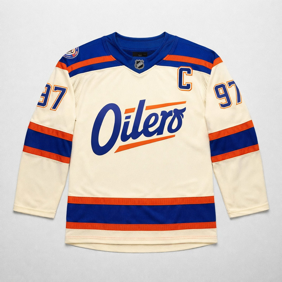 McDavid 97 Oilers Hockey Jersey Cream Blue Orange - 1