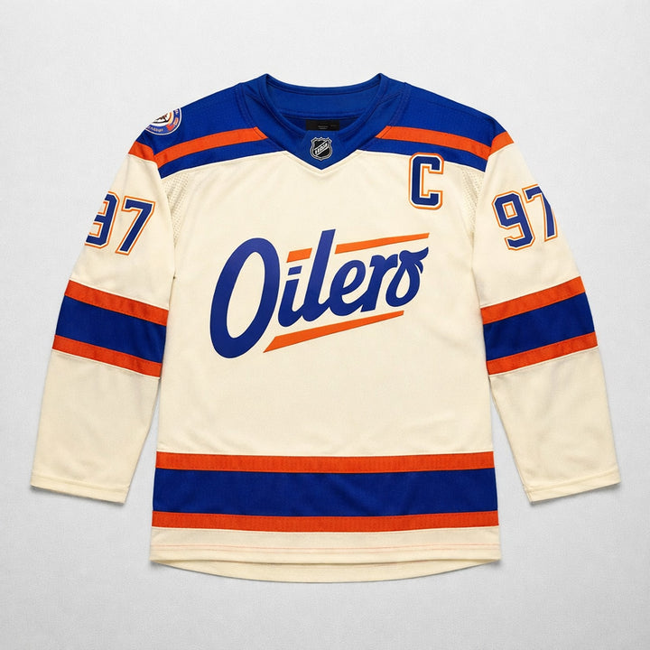 McDavid 97 Oilers Hockey Jersey Cream Blue Orange