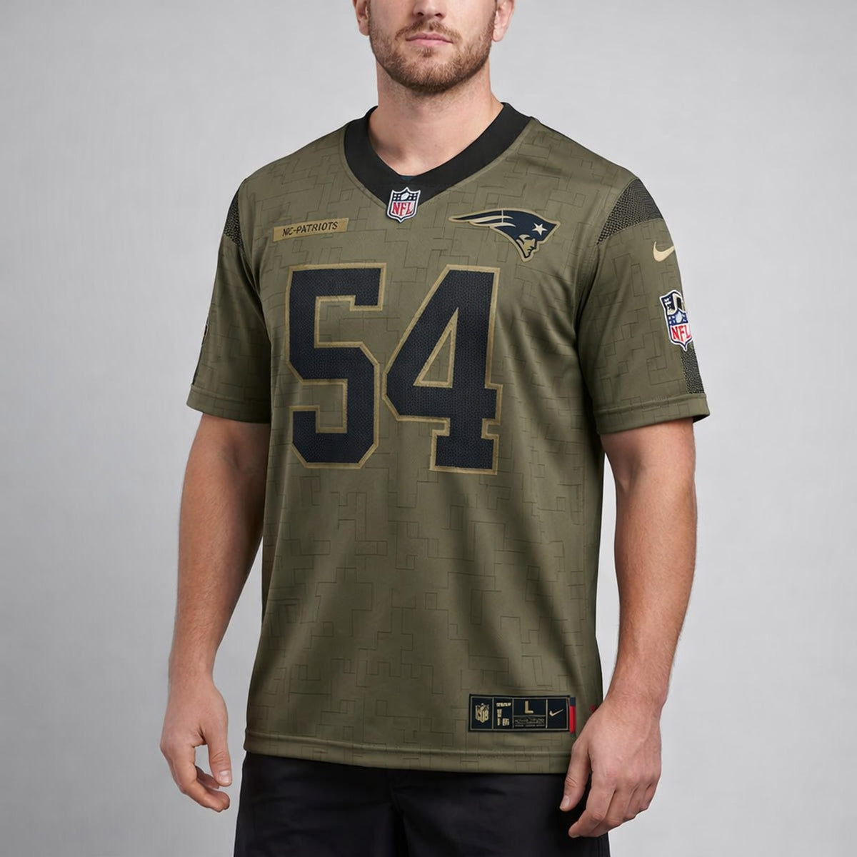 Bruschi 54 Patriots Olive Salute To Service Football Jersey - 4