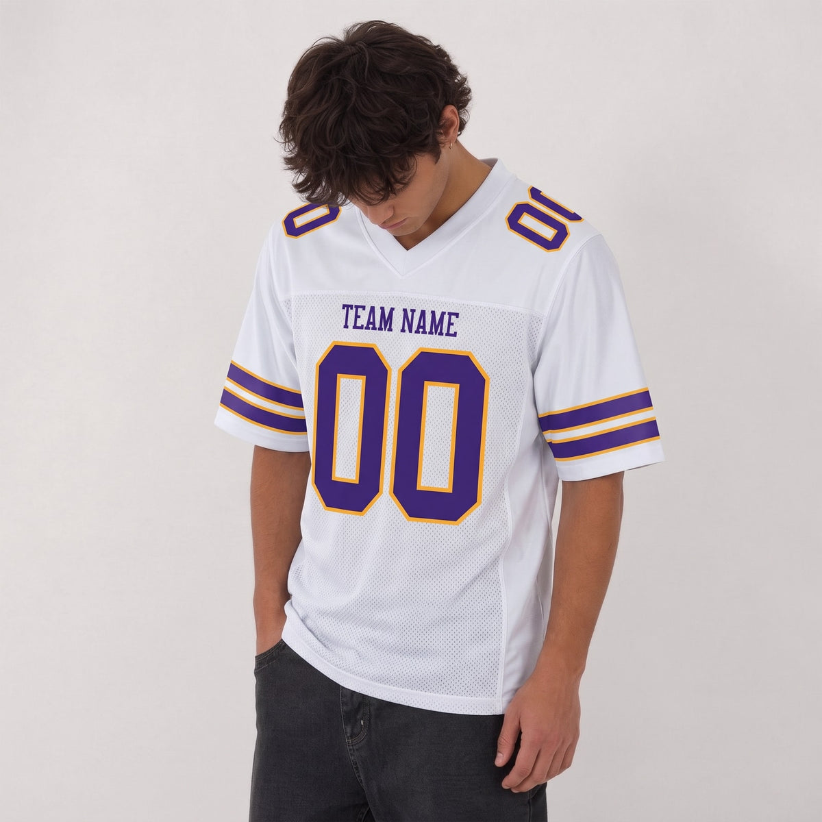 Custom White Purple-Gold Mesh Football Jersey - 2
