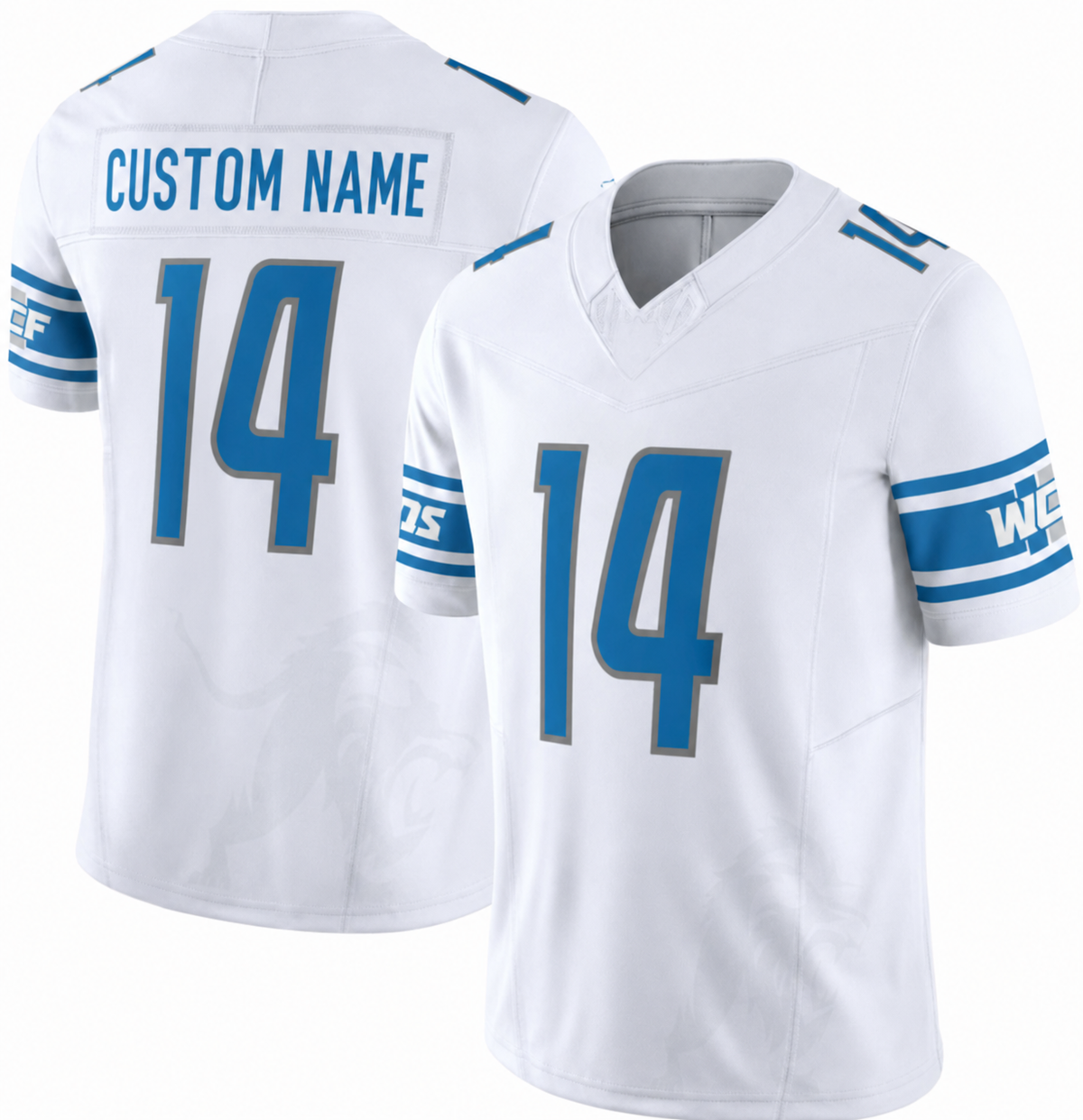 DET White Football Jersey Number 14 Custom Name and Number