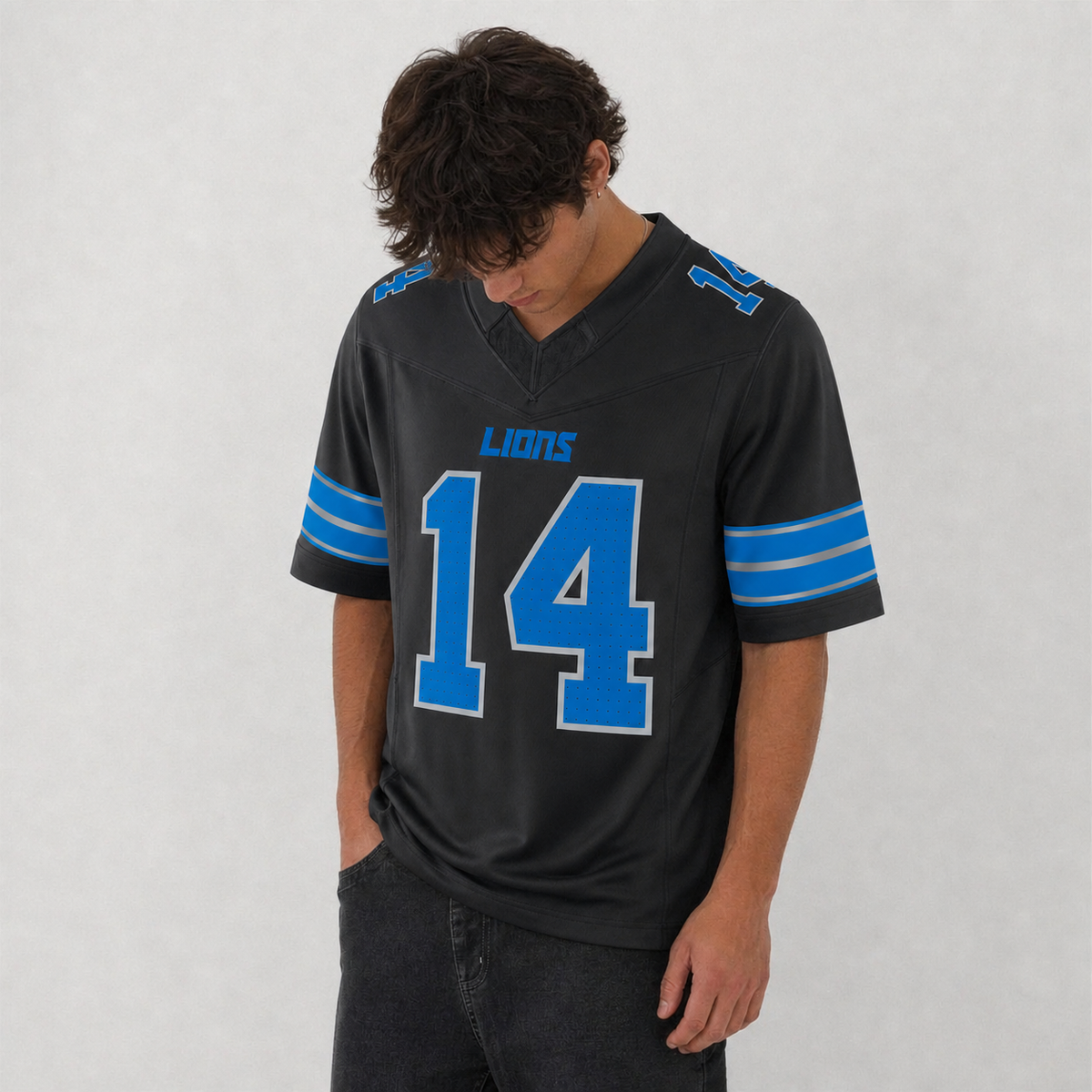 DET Black Football Jersey Number 14 Custom Name and Number