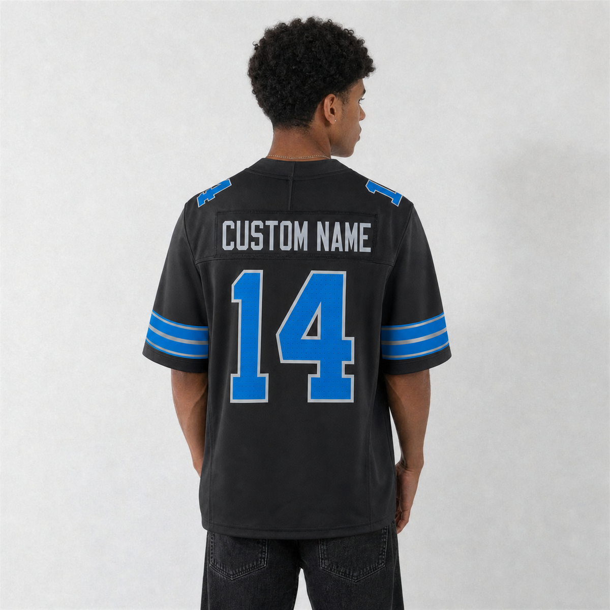 DET Black Football Jersey Number 14 Custom Name and Number