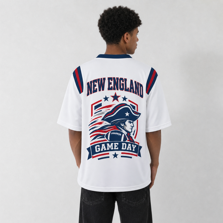 NE White Football Jersey New England Game Day Graphic Shirt