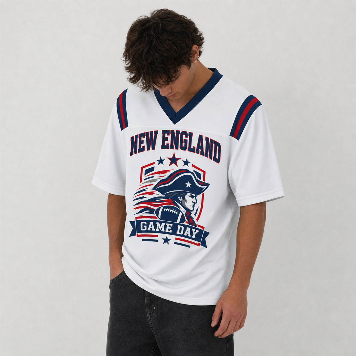 NE White Football Jersey New England Game Day Graphic Shirt