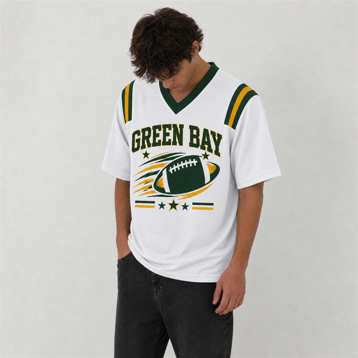 GB White Football Jersey Green Bay Game Day Graphic Shirt