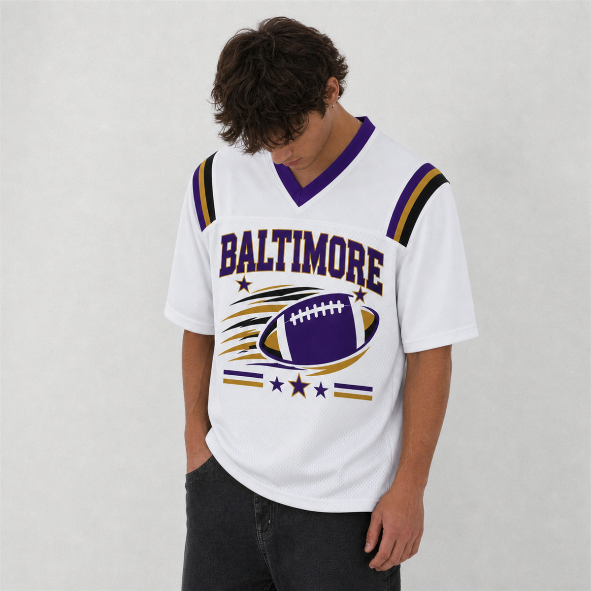 BAL White Football Jersey Baltimore Game Day Graphic Shirt
