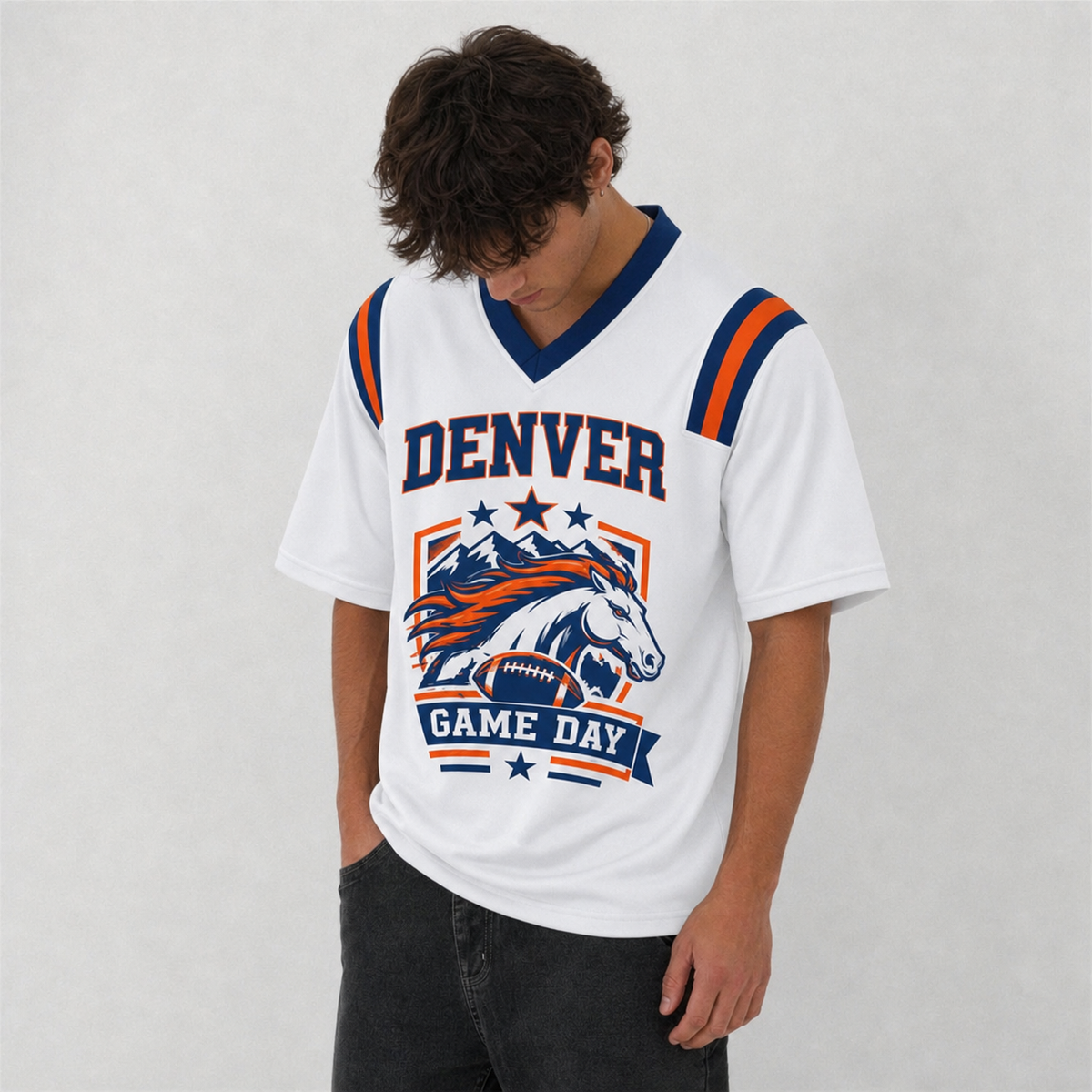 DEN White Football Jersey Denver Game Day Graphic Shirt