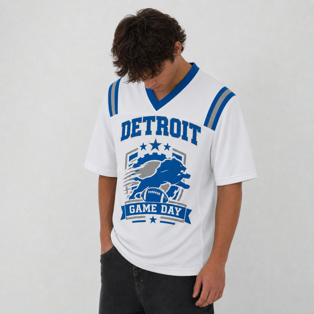 DET White Football Jersey Detroit Game Day Graphic Shirt