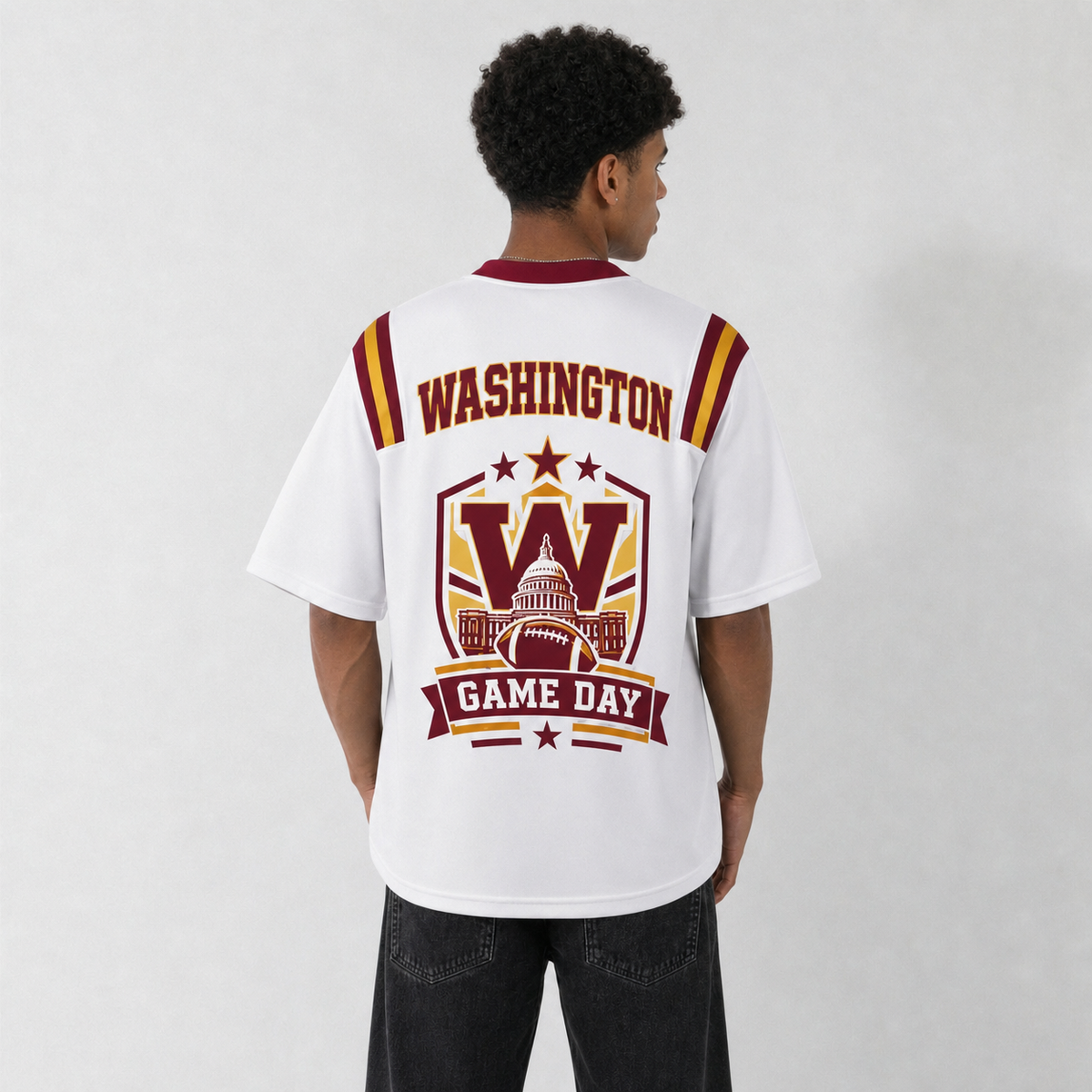 WAS White Football Jersey Washington Game Day Graphic Shirt
