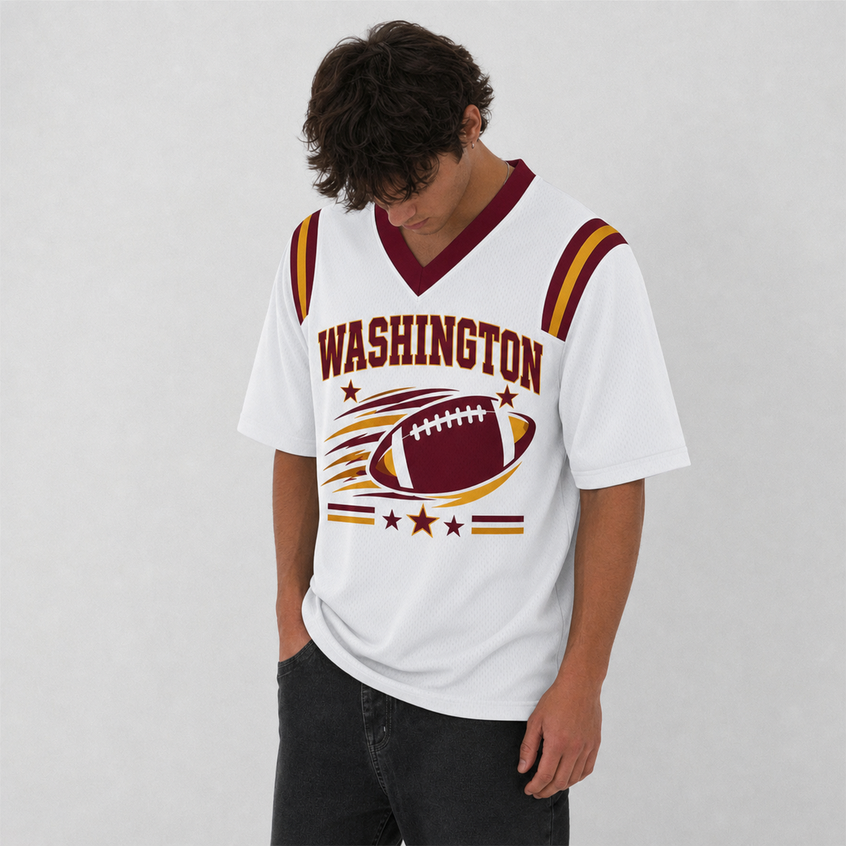 WAS White Football Jersey Washington Game Day Graphic Shirt