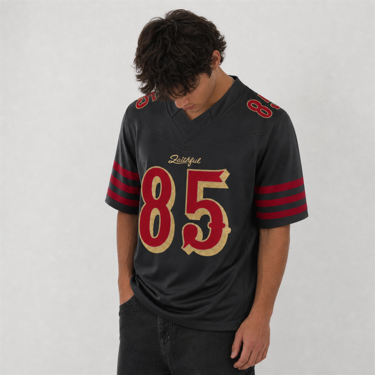 SF Black Football Jersey Kittle Number 85 Faithful Style Custom Name and Number