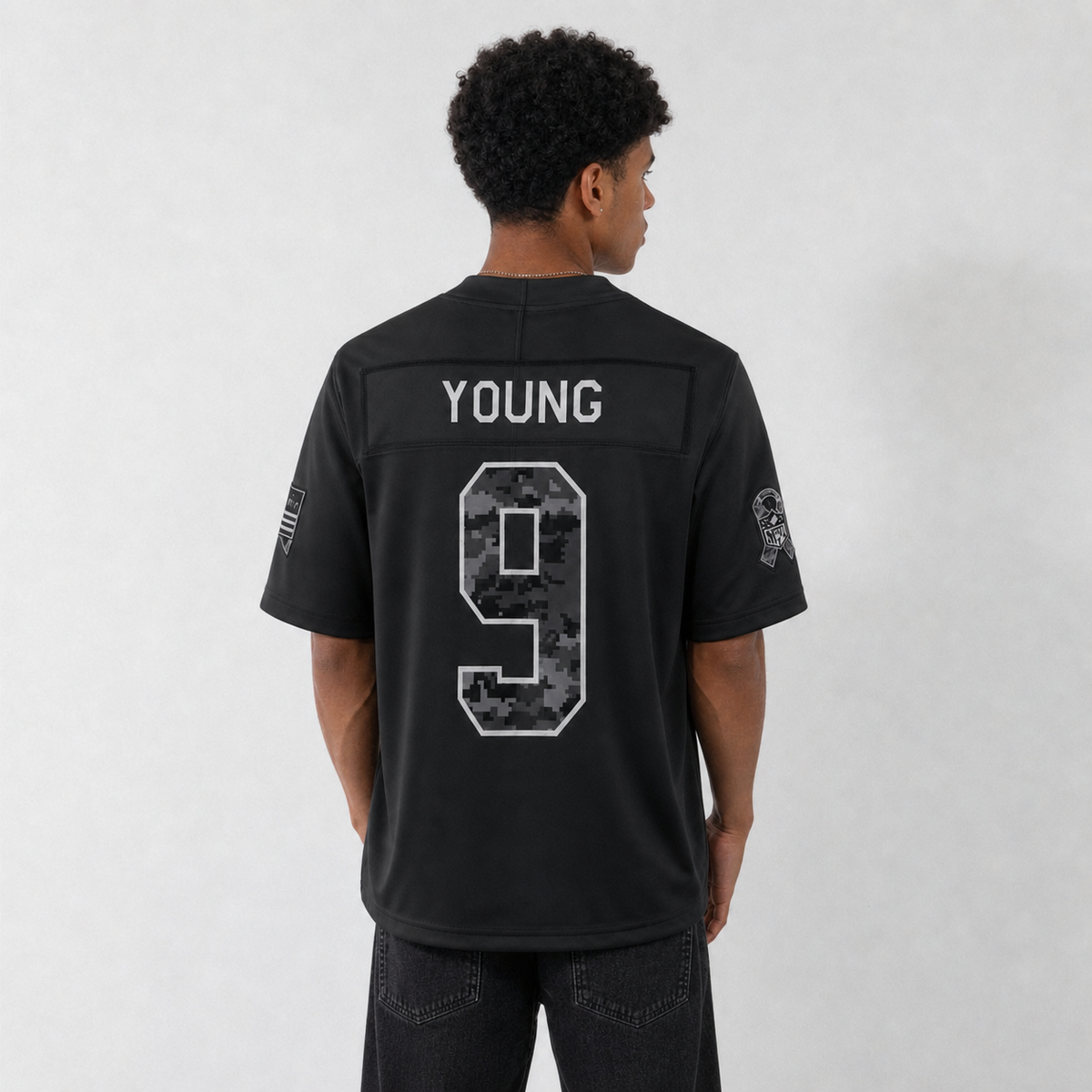 CAR Black Football Jersey Young Number 9 Salute Style Custom Name and Number
