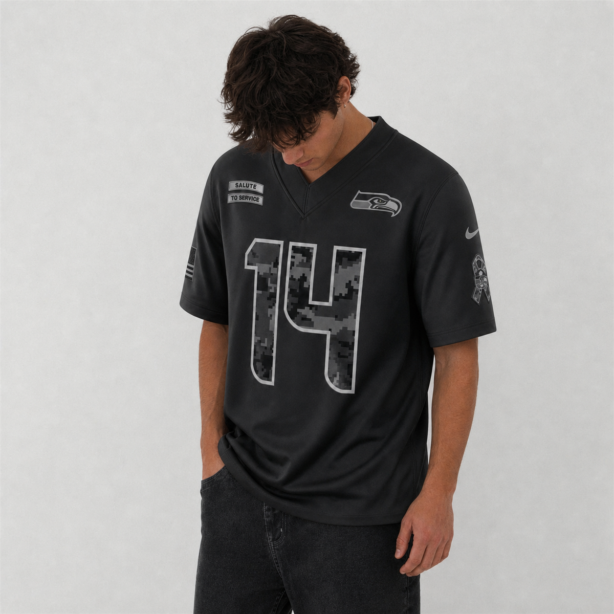 SEA Black Football Jersey Darnold Number 14 Salute Style Custom Name and Number