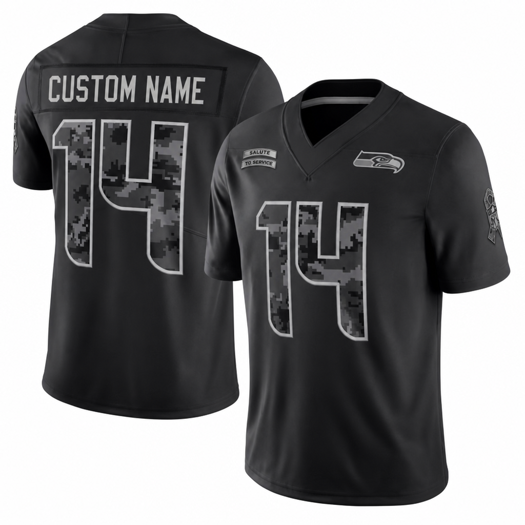 SEA Black Football Jersey Darnold Number 14 Salute Style Custom Name and Number