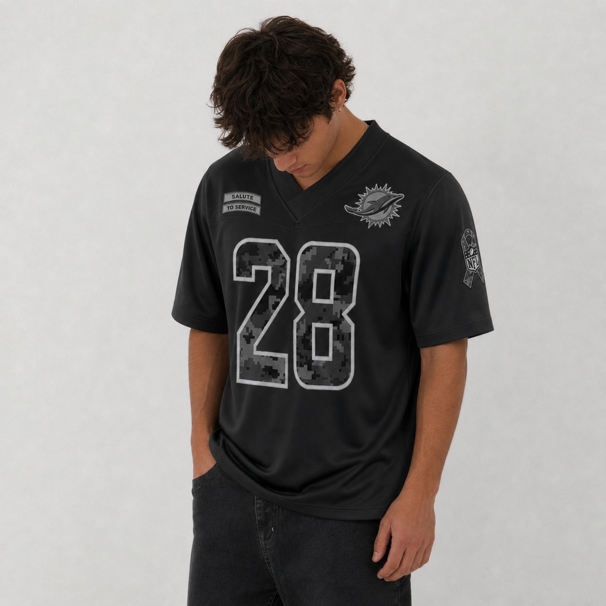 MIA Black Football Jersey Achane Number 28 Salute Style Custom Name and Number
