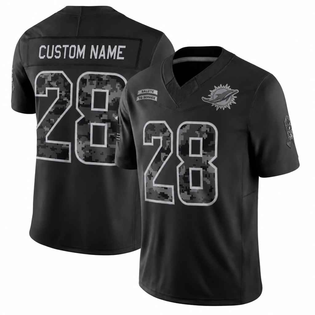 MIA Black Football Jersey Achane Number 28 Salute Style Custom Name and Number