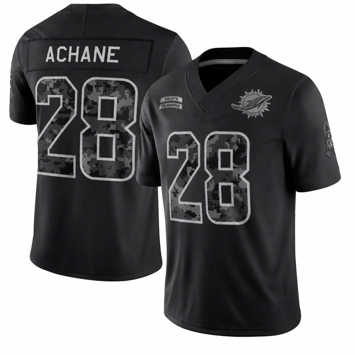 MIA Black Football Jersey Achane Number 28 Salute Style Custom Name and Number