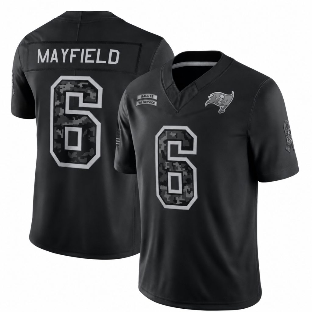 TB Black Football Jersey Mayfield Number 6 Salute Style Custom Name and Number