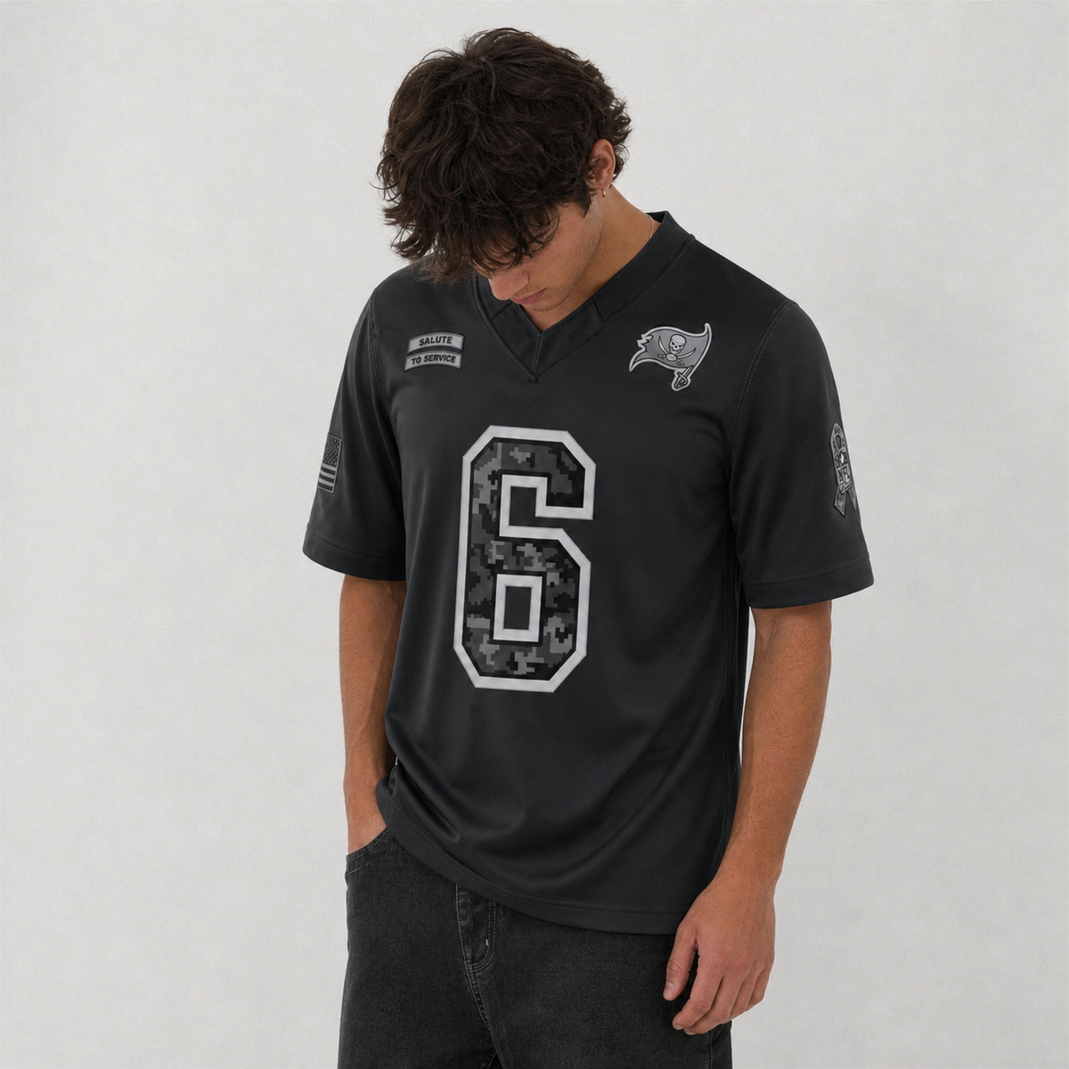 TB Black Football Jersey Mayfield Number 6 Salute Style Custom Name and Number