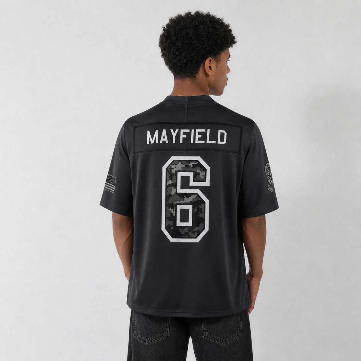 TB Black Football Jersey Mayfield Number 6 Salute Style Custom Name and Number