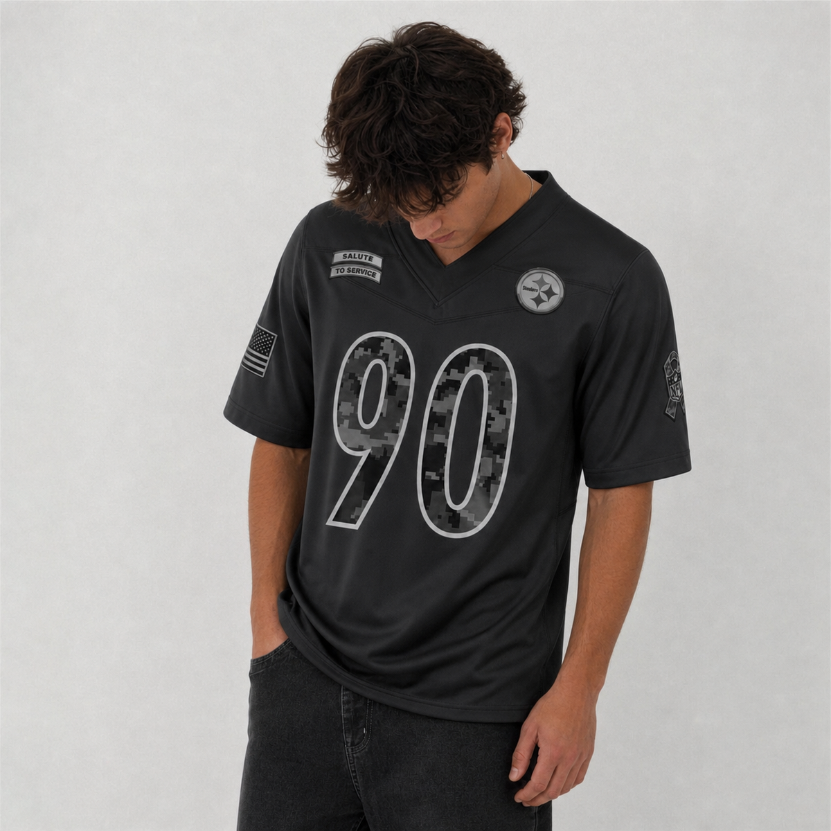 PIT Black Football Jersey Watt Number 90 Salute Style Custom Name and Number