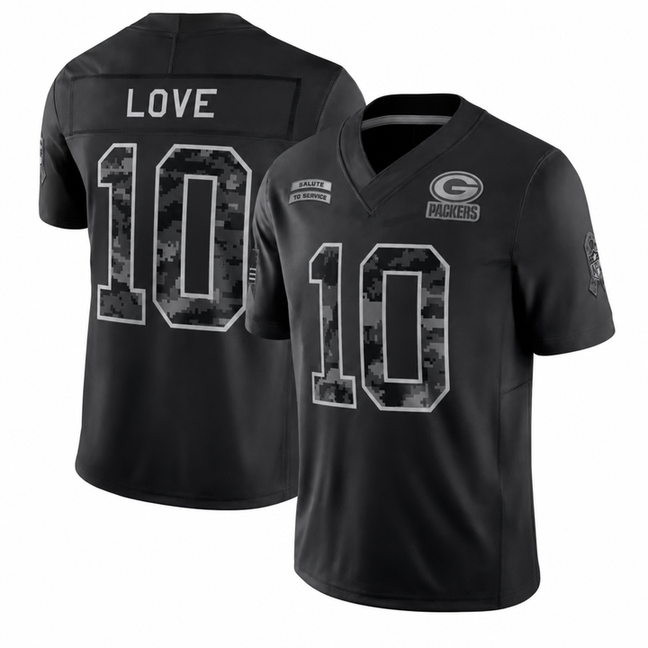 GB Black Football Jersey Love Number 10 Salute to Service