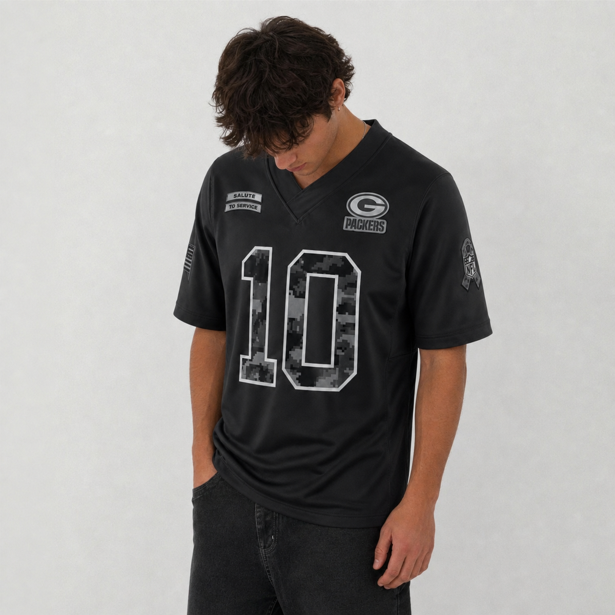 GB Black Football Jersey Love Number 10 Salute to Service